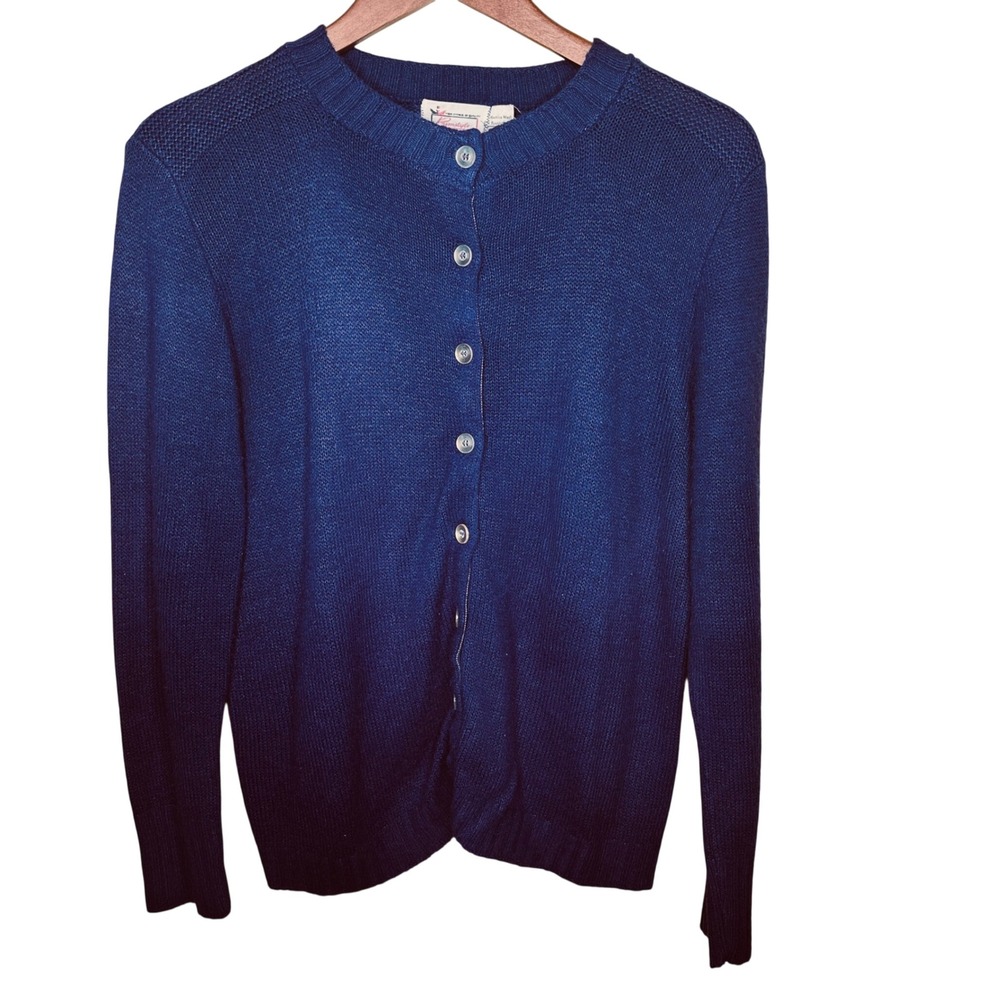 Vintage Primstyle Royal Blue Cardigan Sweater Crew Neck Button Front Knit